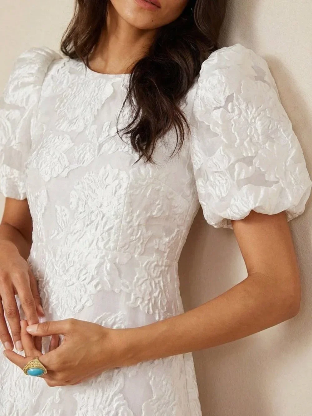 White Preppy Women's Romantic Rose 3D V-Neck Petal Sleeve Cinched Waist Dress